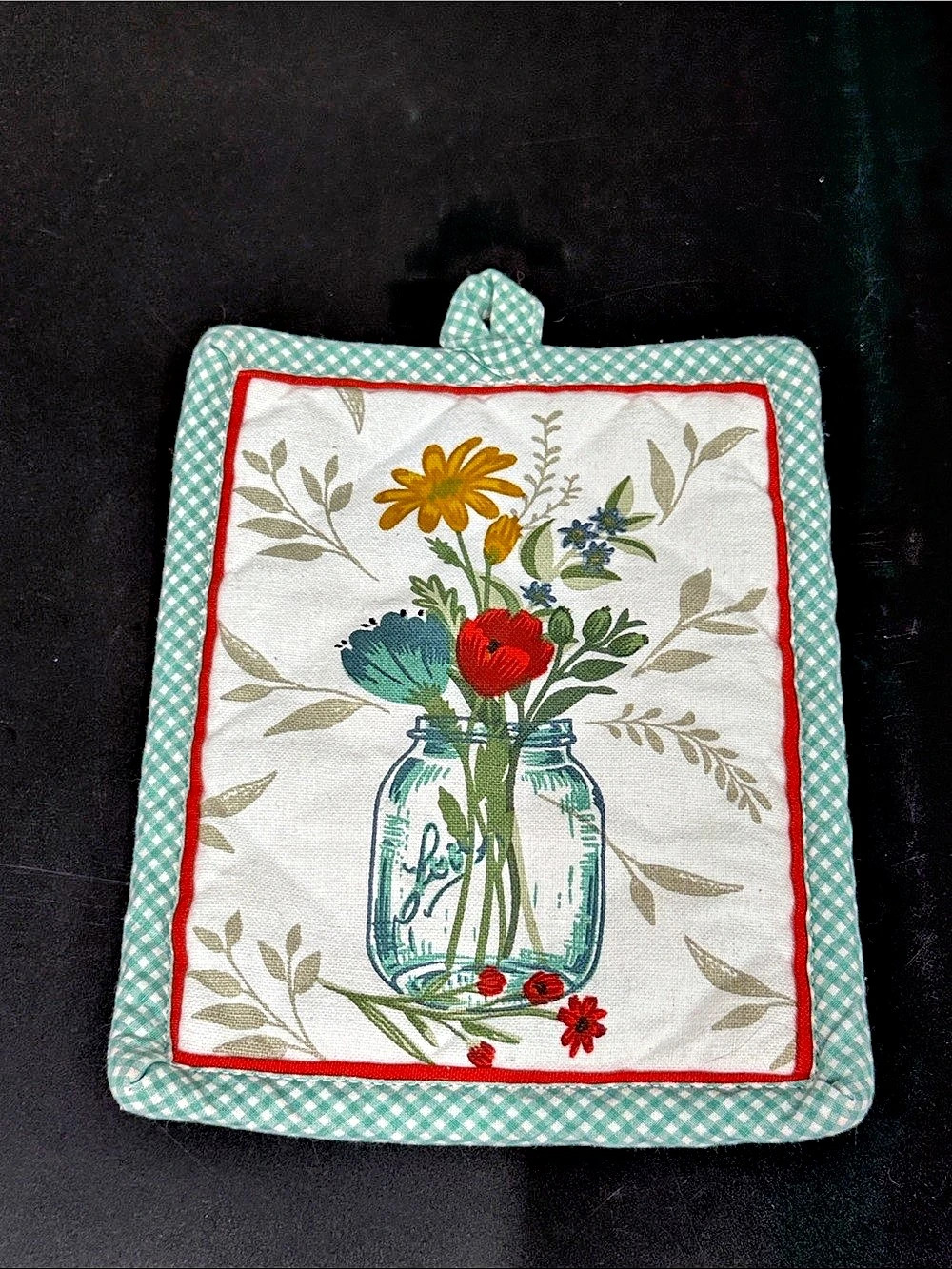 Kay Dee Designs Floral Mason Jar Quilted Potholder Aqua Gingham Farmhouse